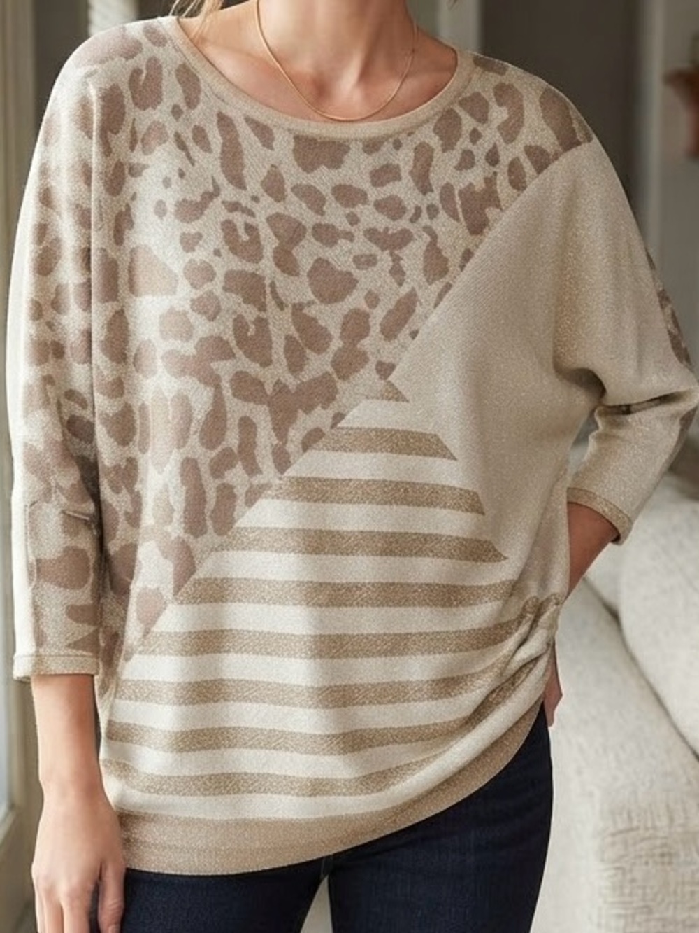 Chico's Animal Print Stripe Metallic Knit 3/4 Sleeve Sweater Size 4 / XXL